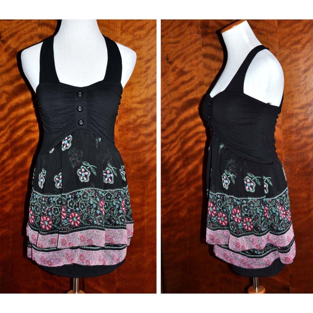 American Rag Short Black Ruched Bodice Halter Top Sun Dress Size XS
